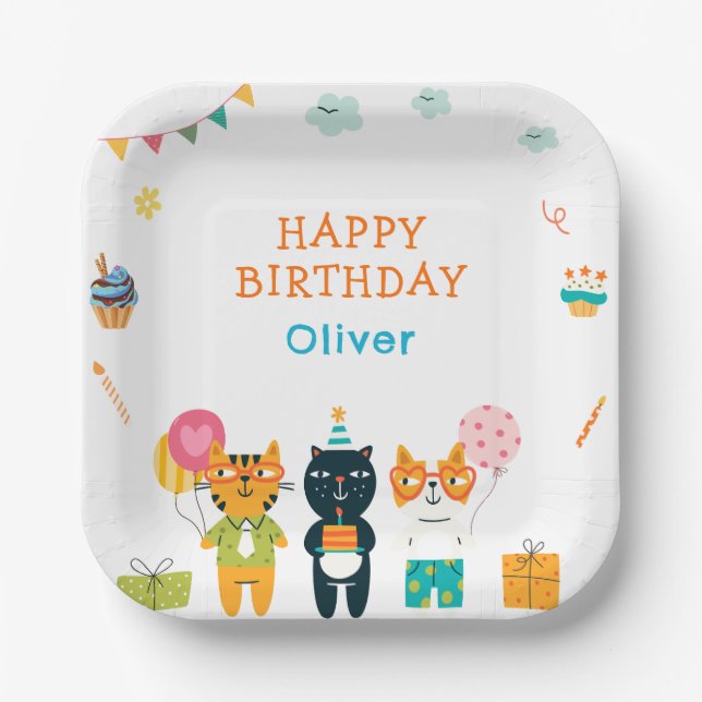 Plato De Papel Cute gracioso gatos Kitty Cumpleaños tercera placa (Anverso)