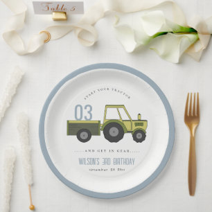 Plato De Papel Cute Green Blue Farm Tractor Niños de cualquier Ed