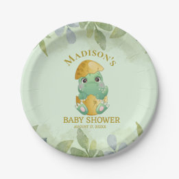 Plato De Papel Cute Green Dinosaur Boys Baby Shower