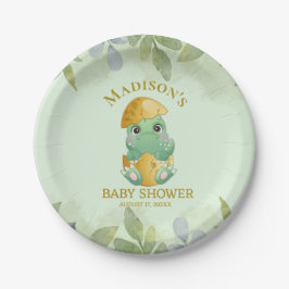 Plato De Papel Cute Green Dinosaur Boys Baby Shower