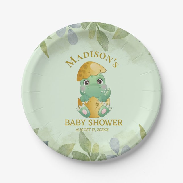 Plato De Papel Cute Green Dinosaur Boys Baby Shower (Anverso)