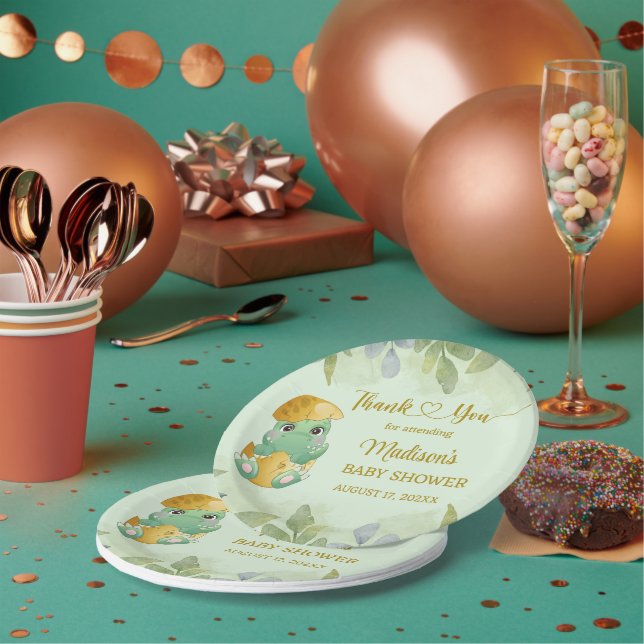 Plato De Papel Cute Green Dinosaur Boys Baby Shower (Multi)