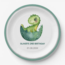 Plato De Papel Cute Green Dinosaur Watercolor Kids Birthday Party