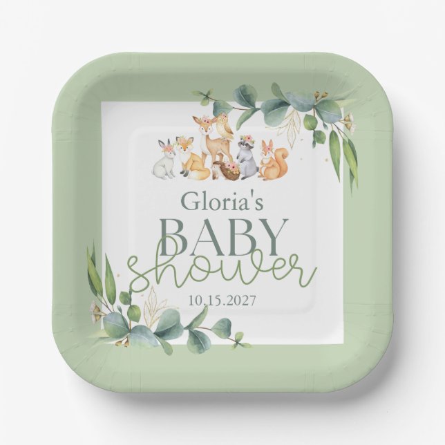 Plato De Papel Cute Greenery Woodland Animals Baby Shower (Anverso)