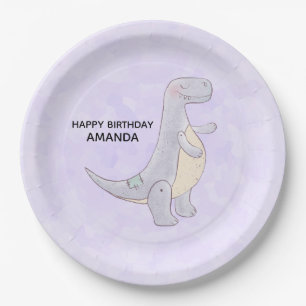 Plato De Papel Cute Grey Dinosaur Toy Watercolor Cumpleaños