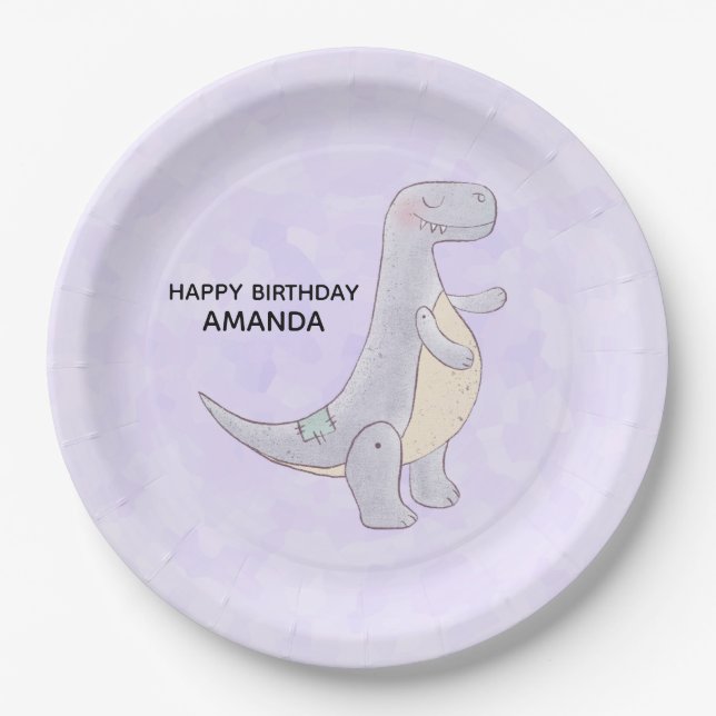 Plato De Papel Cute Grey Dinosaur Toy Watercolor Cumpleaños (Anverso)
