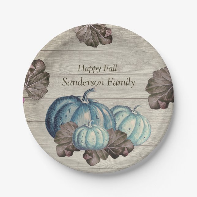Plato De Papel Cute Grey Wood Otoño Otoño Papel de calabaza azul  (Anverso)