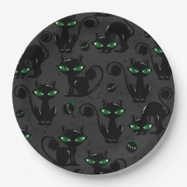 PLATO DE PAPEL CUTE HALLOWEB GATOS NEGROS CON OJOS VERDES