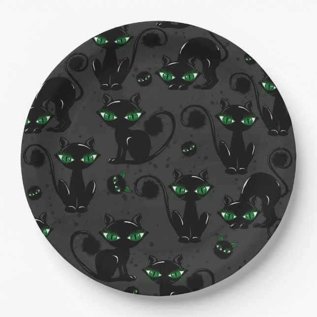 PLATO DE PAPEL CUTE HALLOWEB GATOS NEGROS CON OJOS VERDES (Anverso)