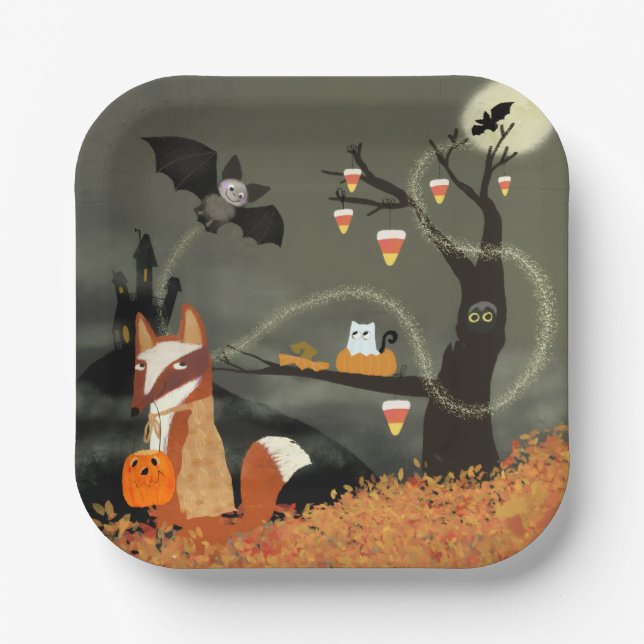 Plato De Papel Cute Halloween Animales Placa cuadrada de papel (Anverso)
