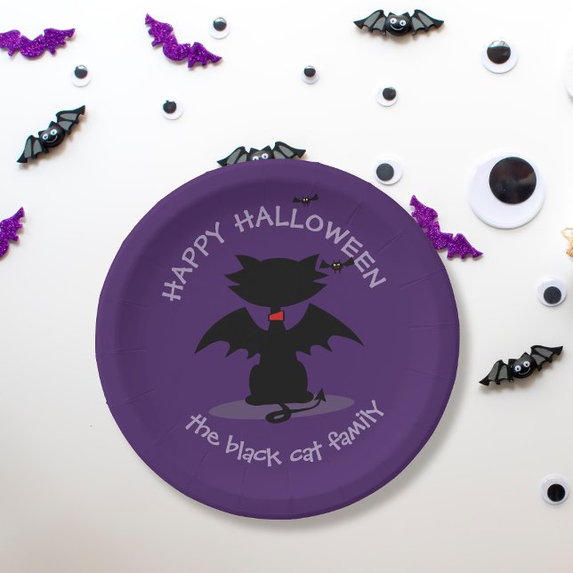 Plato De Papel Cute Halloween Black Cat Bat Wat Placas de papel (Purrfect paper plates for your black cat themed Halloween Party. Just add your family name)