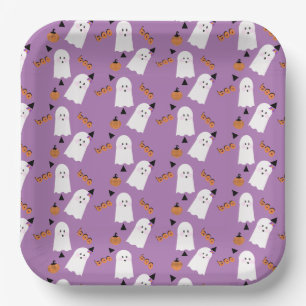 Plato De Papel Cute Halloween Fantasma Naranja Purple Confetti