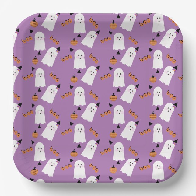 Plato De Papel Cute Halloween Fantasma Naranja Purple Confetti (Anverso)