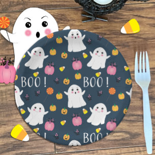 Plato De Papel Cute Halloween Ghost Dark Blue Paper Plate