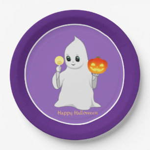 Plato De Papel Cute Halloween Ghost & Pumpkin en morado