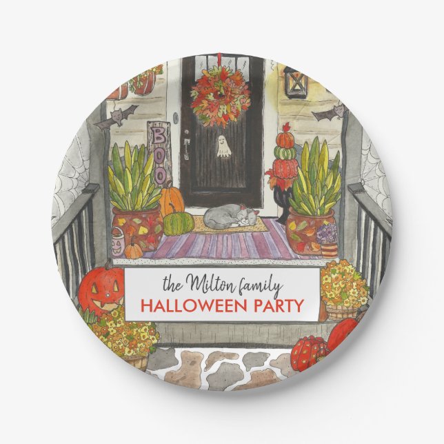 Plato De Papel Cute Halloween House Fiesta Placa de papel (Anverso)