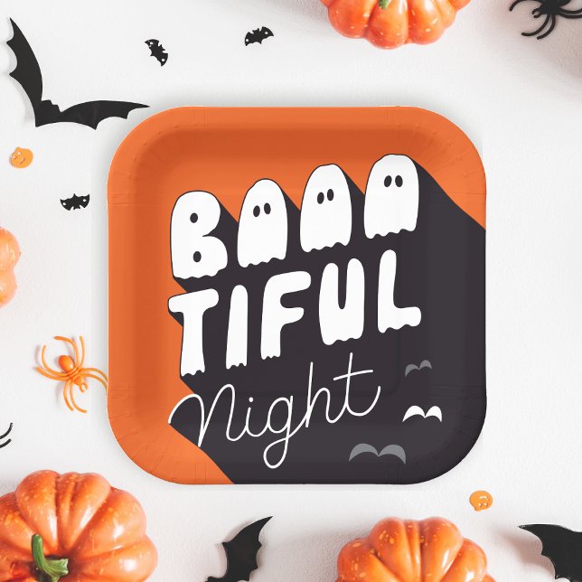 Plato De Papel Cute Halloween Party Paper Plates (Boo-tiful night, Kids Halloween Party plate, with ghosts letters.)