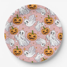 Plato De Papel Cute Halloween Pattern with Ghosts & Pumpkins