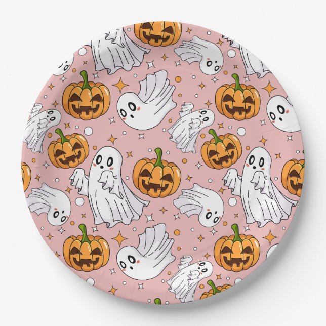 Plato De Papel Cute Halloween Pattern with Ghosts & Pumpkins (Anverso)