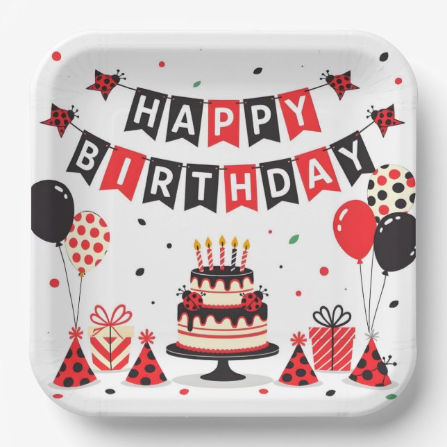 Plato De Papel Cute Happy Birthday ladybug theme (Anverso)