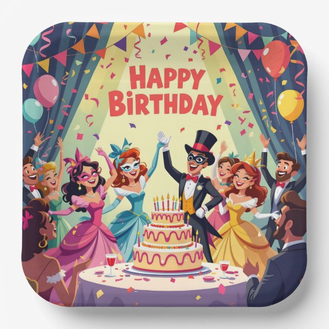 Plato De Papel Cute Happy Birthday masquerade theme (Anverso)