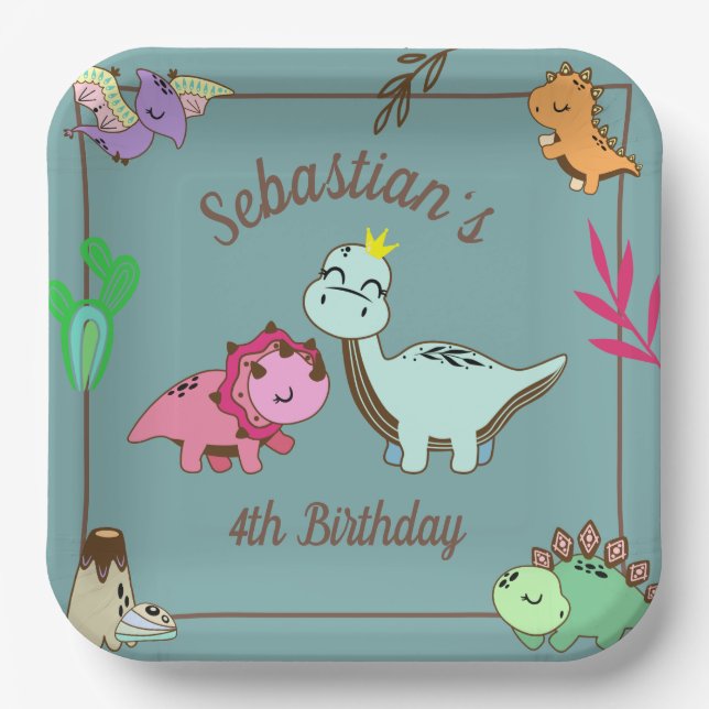 Plato De Papel Cute Happy Dinosaurs Birthday Party Plates (Anverso)