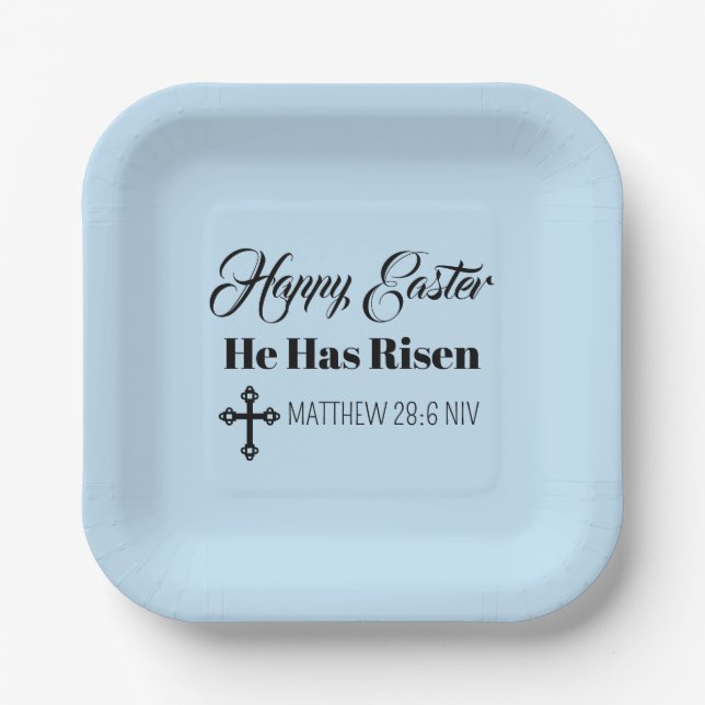 Plato De Papel Cute Happy Easter He Has Risen Bible Verse Blue (Anverso)