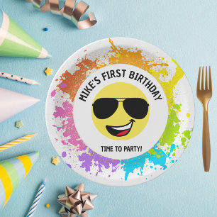 Plato De Papel Cute Happy Face,Aviator Glasses,Fun First Birday