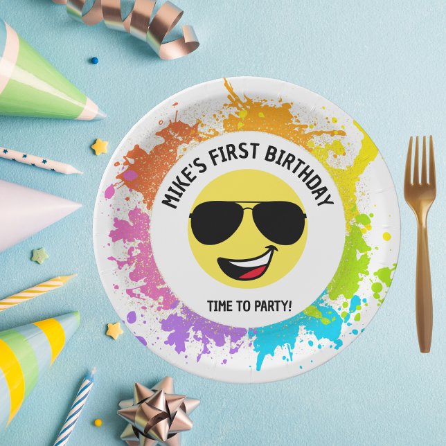 Plato De Papel Cute Happy Face,Aviator Glasses,Fun First Birday (Subido por el creador)