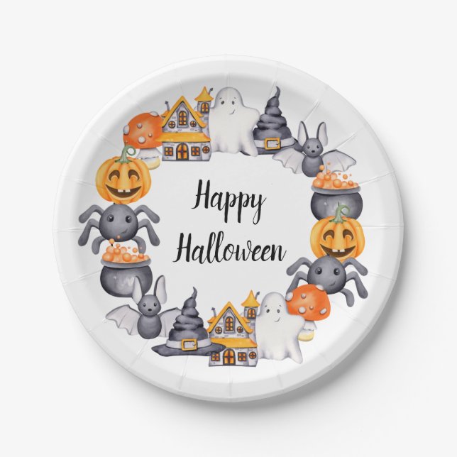 Plato De Papel Cute Happy Halloween Placas de papel de Ilustracio (Anverso)
