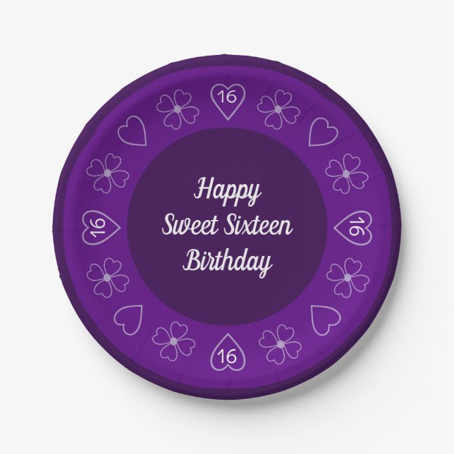 Plato De Papel Cute Happy Sweet 16 Cumpleaños Purple Festive (Anverso)
