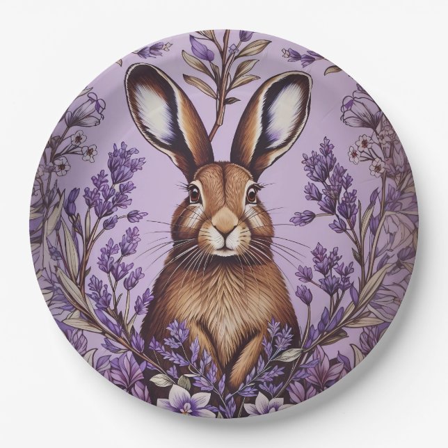 Plato De Papel Cute Hare Con Lavanda Inspirada William Morris (Anverso)