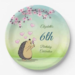 Plato De Papel Cute Hedgehog Cherry Blossom Personalizado Papel d