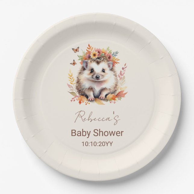 Plato De Papel Cute Hedgehog Fall Woodland Baby Shower (Anverso)