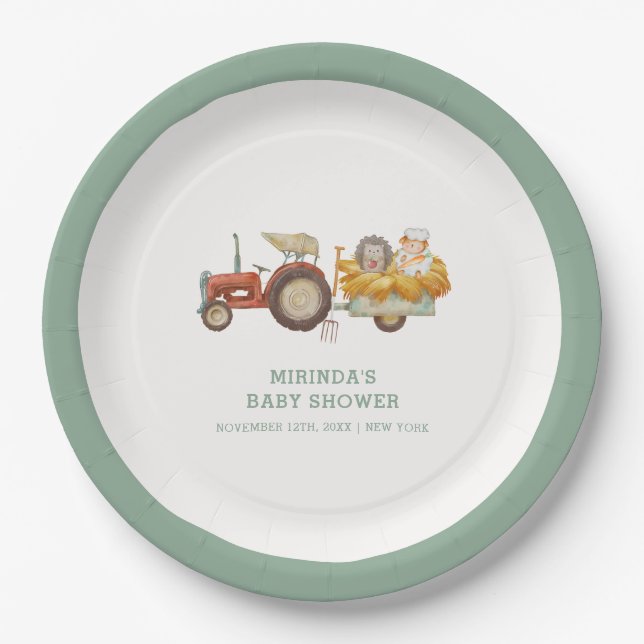 Plato De Papel Cute Hedgehog Farm Tractor Baby Shower (Anverso)