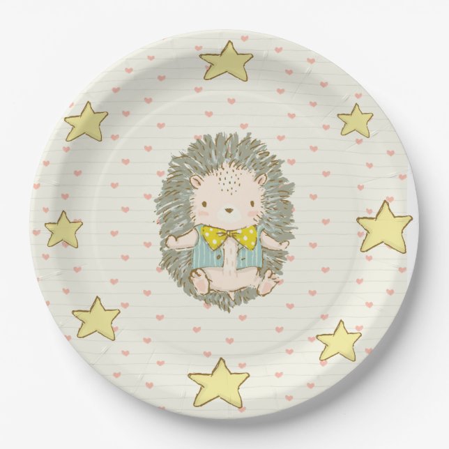 Plato De Papel Cute Hedgehog Hearts Stars Baby Shower (Anverso)