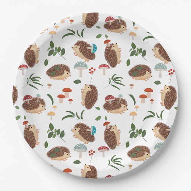 Plato De Papel Cute Hedgehog Mushrooms Woodland Forest Animal (Anverso)