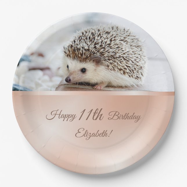 Plato De Papel Cute Hedgehog Rosa Gold | Cumpleaños del Personali (Anverso)