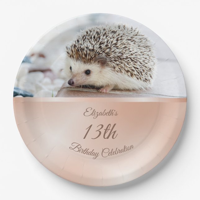 Plato De Papel Cute Hedgehog Rosa Gold | Cumpleaños del Personali (Anverso)