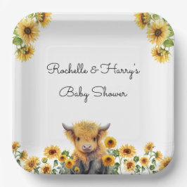 Plato De Papel Cute Highland Cow Calf Sunflowers Baby Shower