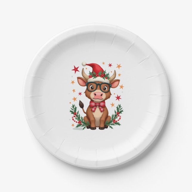 Plato De Papel Cute Highland Cow Lover Santa Hat Western Christma (Anverso)