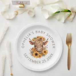 Plato De Papel Cute Highland Cow Rustic Sunflowers Baby Shower