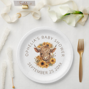 Plato De Papel Cute Highland Cow Rustic Sunflowers Baby Shower