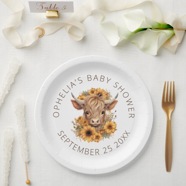 Plato De Papel Cute Highland Cow Rustic Sunflowers Baby Shower (Boda)