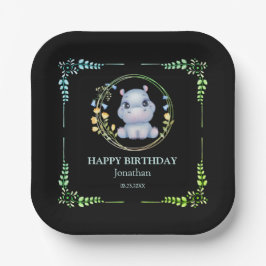 Plato De Papel Cute Hipopótamo Flor Wreath cumpleaños Negro