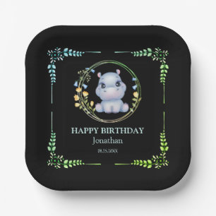 Plato De Papel Cute Hipopótamo Flor Wreath cumpleaños Negro