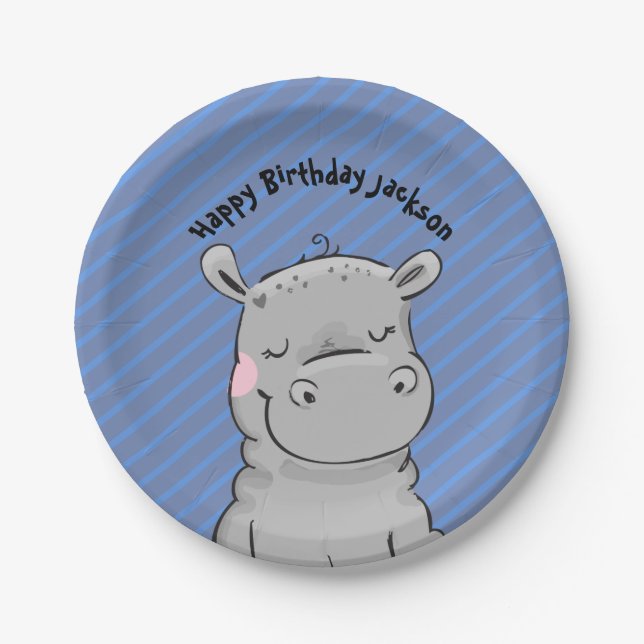 Plato De Papel Cute Hippo Birthday Party Plate (Anverso)