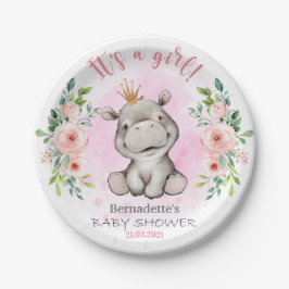 Plato De Papel Cute Hippo es una placa de papel Baby Shower Chica