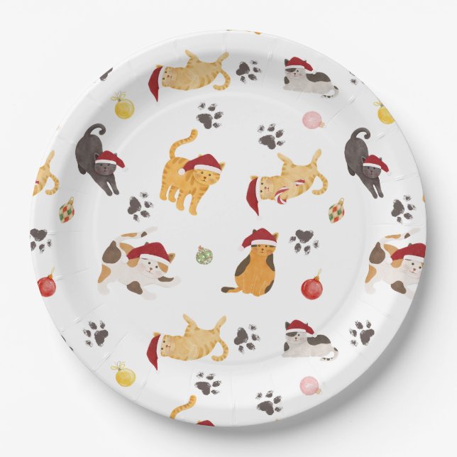 Plato De Papel Cute Holiday Cat Pattern (Anverso)