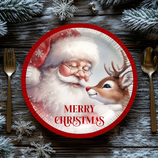 Plato De Papel Cute Holiday Party Plates Santa and Rudolph (Cute Holiday Party Plates Santa and Rudolph)